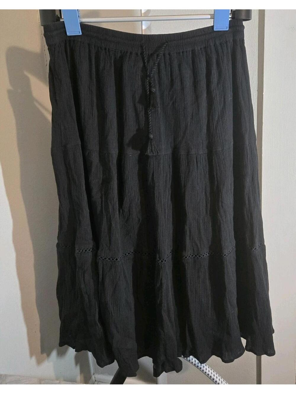 Laura Scott black 100% cotton stretch waist long A-line flair crinkle skirt L